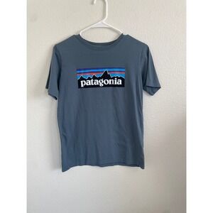 Kids Patagonia T Shirt Blue Mountains Logo Graphic Size XL 14 Hiking Mountains